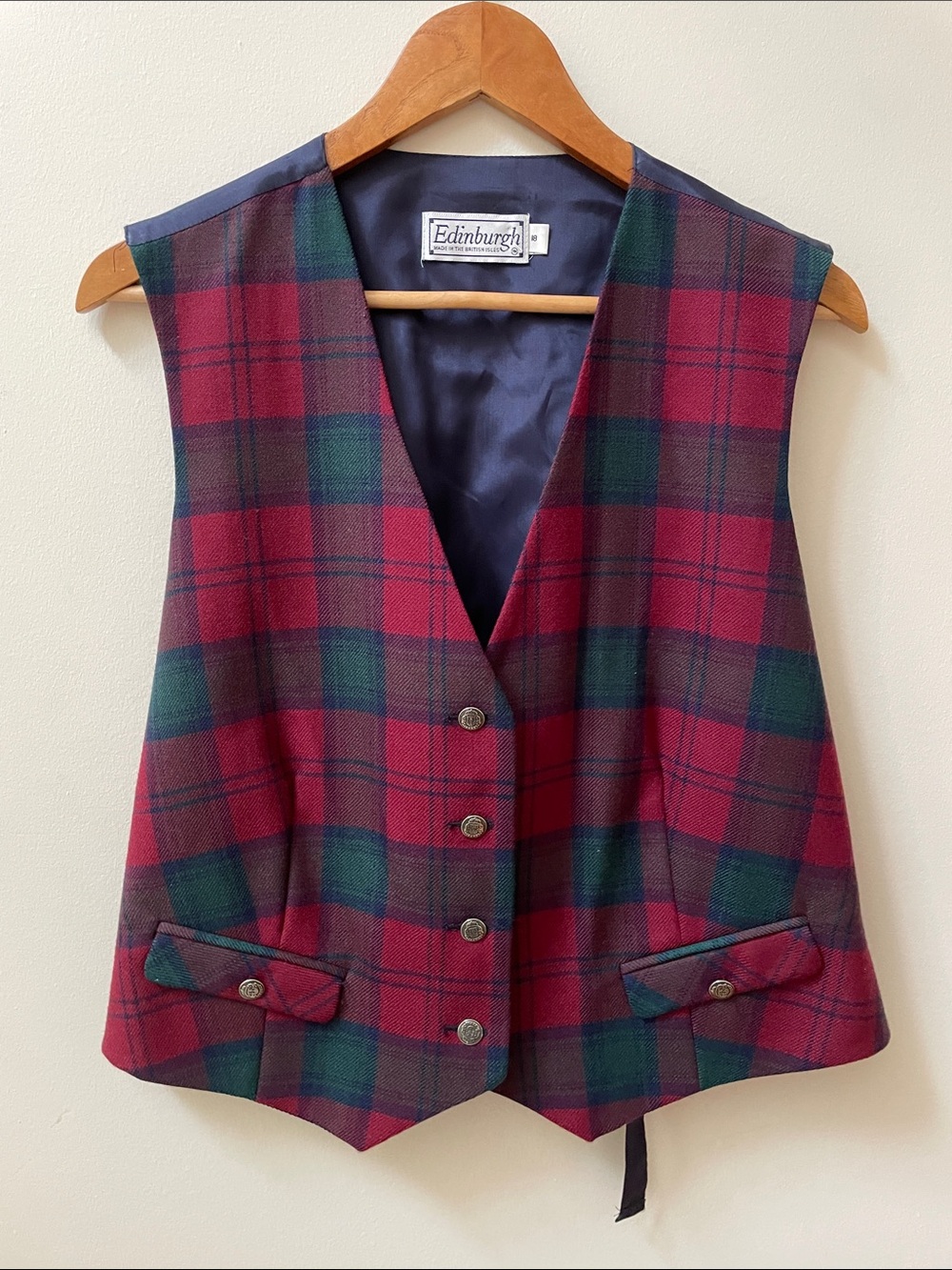 Vintage Edinburgh Wool Tartan Plaid Vest in Burgundy & Forest Green